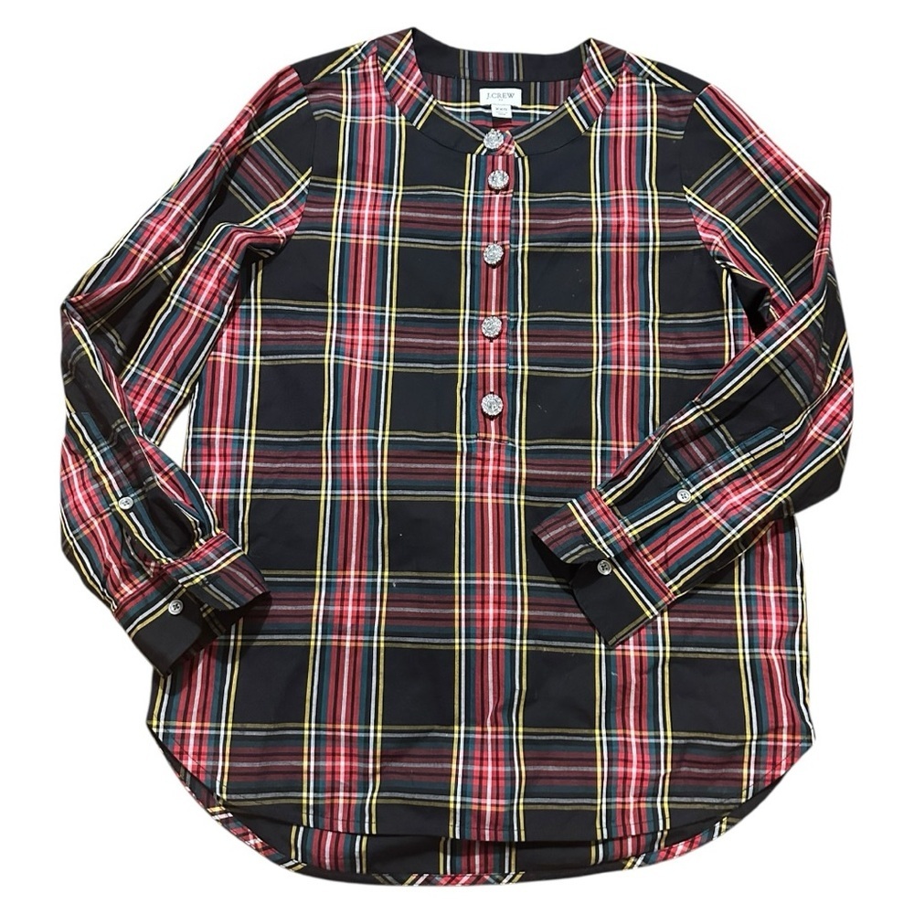 J.Crew Black Plaid Blouse with Embellished Buttons – Polished Classic | Size XXS